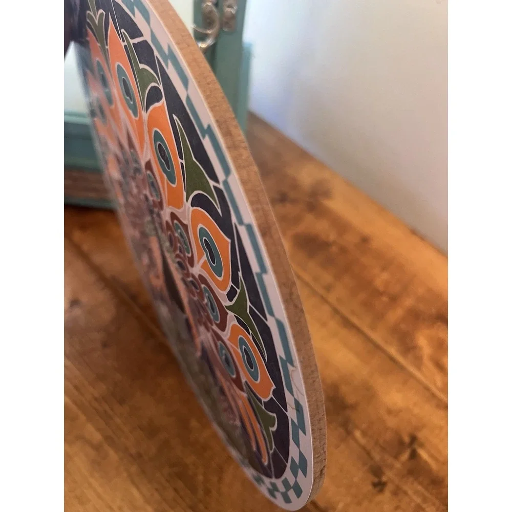 Vtg Harrods Peacock Melamine Round Cutting Board Wall Hanging